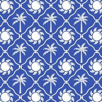 Marine pattern in retro style with palm tree and sun on blue background. vector