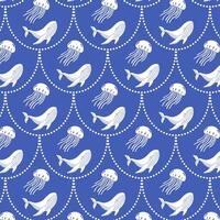 Retro marine pattern with whale and jellyfish on blue background. Vintage summer print. vector