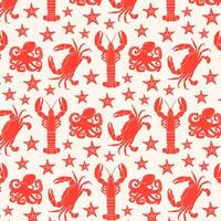 Marine pattern with lobster, crab and octopus in retro style. Marine background. vector