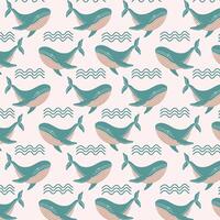 Sea pattern with hand drawn whales. Summer marine retro pattern. vector