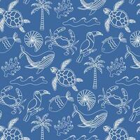 Marine pattern with coral, whale, crab and shells on blue background. Summer pattern in retro style. vector
