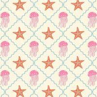 Retro style sea pattern with jellyfish and starfish. Vintage summer print. vector
