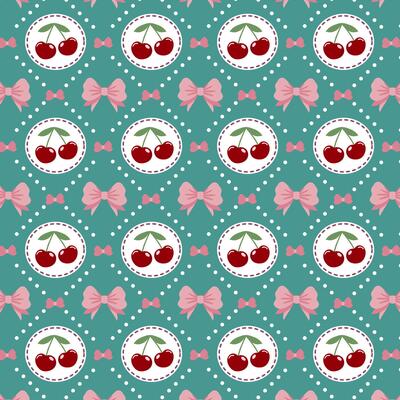 Geometric pattern with cherries and bows. Summer strawberry cute baby background.