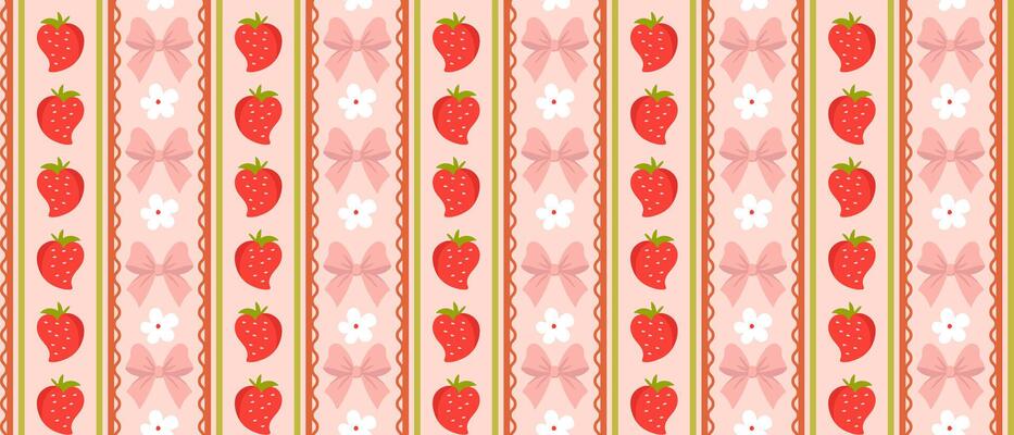 Cute vintage striped background with strawberries and bows. Pattern for printing on wallpaper, paper, gift wrap, fabric