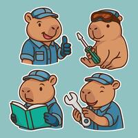 Cute Capybara Mechanics with Tools and a Book vector