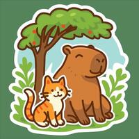 A sweet scene of a capybara sitting peacefully under a tree with its feline friend vector