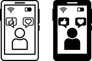 Smartphone Icons. Black and White Illustration. Touchscreen Mobile Phone, Gadget, Technology. Man in Phone, Like, Wi-Fi, and Battery Showing Charge Level. Device Concept vector