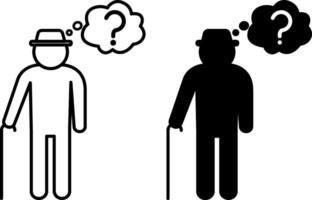 Dementia Icons. Black and White Illustrations. Old Man and Question Mark. Loss of Memory, Thinking, and Reasoning. Mental Health Concept vector