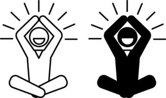Mindfulness Icons. Black And White Illustrations. Focusing On Experiencing The Present Moment. Man Sitting In Lotus Position With Hands Raised And Smiling. Mental Health Concept vector