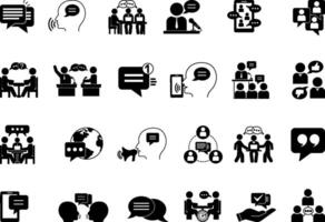 Black Speaking Icon Set. Illustrations Communication, Comments, Consultation, Conversation, Speech, Debate, Discourse, Discussion, Chat, Language, Speech Bubble, and More vector