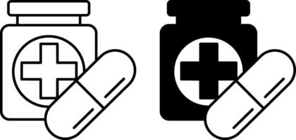 Medication Icons. Black and White Illustrations. Pill Bottle and Capsule. Remedy for Treating Various Diseases. Mental Health Concept vector