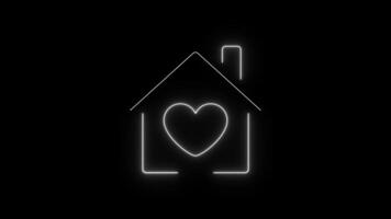 Neon Glowing House with Heart Symbol. Love Home Animation Loop for Real Estate, Family, Charity Concepts. Glowing white lines on black background. Symbol of family, safety, care, warmth, protection video
