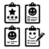 Customer satisfaction survey form feedback clipboards with star rating and happy face icons set design vector