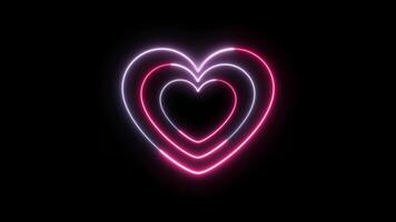 Pulsating neon hearts animation. Glowing pink and violet heart shapes beat on black background. Romantic LED light loop for Valentine's Day, love concepts, or digital design projects. video