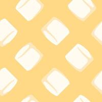 Marshmallow pattern, food dessert seamless background. Small square candy. Collection sweet confectionery. illustration on yellow color vector