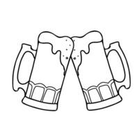 Two toasting full beer mugs with a foam. Clinking glasses making Cheers. Symbol of Octoberfest and St. Patricks Day. Hand drawn Black and White graphic illustration in Doodle style isolated on vector