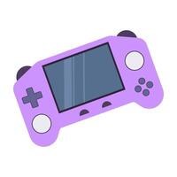 Flat illustrations of colorful handheld consoles, retro gaming devices, and arcade machine. vector