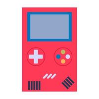 Flat illustrations of colorful handheld consoles, retro gaming device, and arcade machines vector