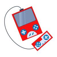 Flat illustrations of colorful handheld consoles, retro gaming device, and arcade machine vector