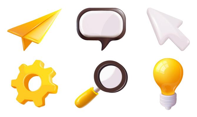 Set of 3D icons, paper airplane, gear, magnifying glass, light bulb, spitch bobble.