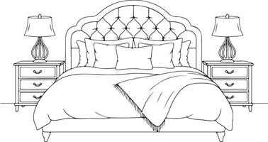 Illustration of a cozy bed with bedside tables and lamps isolated on white background, featuring elegant furniture and decorative elements for a relaxing bedroom vector