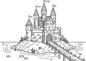line art illustration of a fairytale castle on a small island connected by a wooden bridge, isolated on white background vector