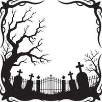 Spooky graveyard scene with barren tree, tombstones, and ornate frame vector