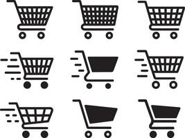 Nine Shopping Cart Silhouettes Variations of Empty and Full Carts in Motion vector