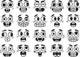 Collection of cartoon faces showing various emotions isolated on white background, featuring happy, funny, and comic expressions in a simple black and white design vector