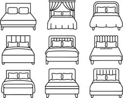 Collection of various bed designs in simple line art, perfect for illustrating furniture or interior design concepts isolated on white background vector