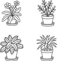 Collection of four different potted plants in black and white line art style isolated on white background, showcasing botanical elements and simple design vector