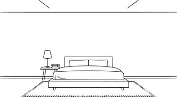 Bedroom interior featuring a bed, nightstand with lamp and books, and a rug, all depicted in a minimalist line drawing isolated on white background vector