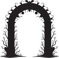 A black silhouette of a Halloween archway with bats and bare trees vector