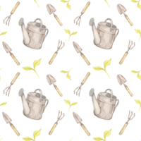 Trowel, fork, and watering can in a repeating layout using soft beige and brown hues. Gardening tools watercolor seamless pattern suitable for seed envelopes, tags, or journals png