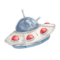 Blue and gray UFO with red lights in watercolor. Flying saucer or alien spaceship clipart . Use for alien-themed games, science classroom materials, birthday invitation designs, or educational visuals png