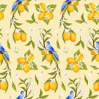Seamless Pattern with Lemon Branches and Blue Bird vector