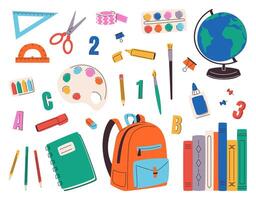 Set of school supplies including backpack, globe, paints in palette with brush, pencil, highlighter, glue, notepad, books, ruler, scissors, clips and pins. Back to school concept. illustration. vector