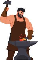 Blacksmith forging hot metal on anvil with hammer in workshop vector