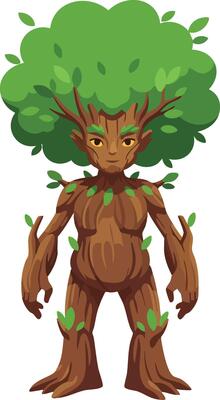 Tree creature fantasy character with leafy green crown and wooden body standing upright illustration