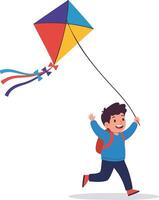 Boy flying colorful kite with red blue and yellow sections running happily in casual clothes illustration vector