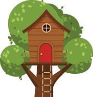 Treehouse with red door and wooden ladder surrounded by green leafy trees illustration vector