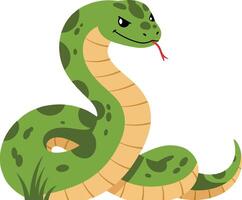 Green snake with spots coiled on grass cartoon illustration with tongue out natural reptile animal design vector