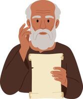 Elderly man with white beard reading ancient scroll holding parchment paper illustration vector