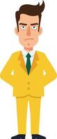 Man in yellow suit with green tie standing with hands behind back serious expression illustration vector