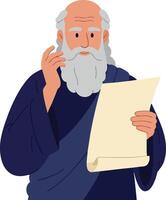 Wise elderly man with long white beard reading a scroll thoughtful expression illustration vector