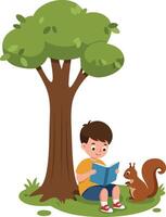 Child sitting under tree reading book with friendly squirrel in peaceful outdoor scene illustration vector