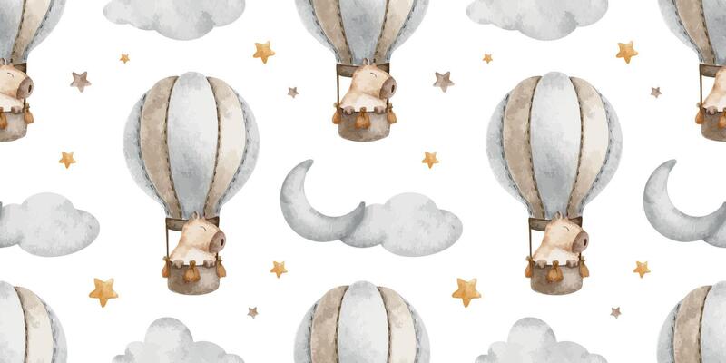 Capybara trip in hot air balloon among clouds, crescent moon and stars. Rodent animal character is traveling. Watercolor seamless surface pattern design. Kid's print of guinea pig