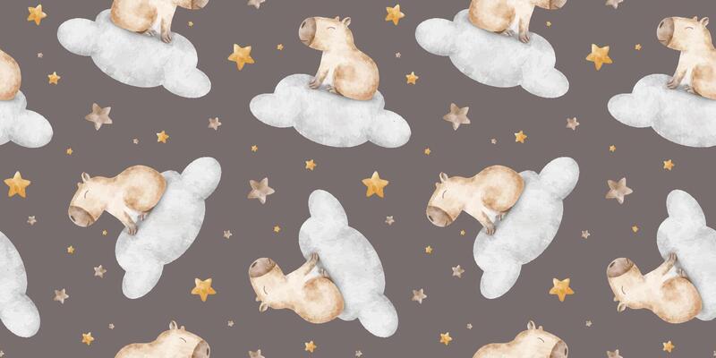 Capybara slipping on clouds and star. Dreamy character rodent animal. Hand drawn watercolor seamless surface pattern design. Print of guinea pig for wallpaper, kid room, fabric, stationery, bed linen