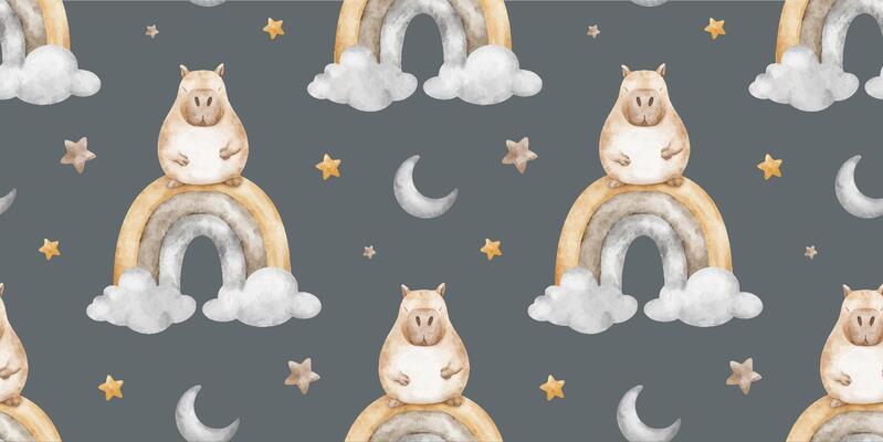 Seamless pattern of Capybara on rainbow among cloud, crescent moon and star on dark background. Watercolor print of Dreamy rodent animal for wallpaper, kids room, fabric, bed linen