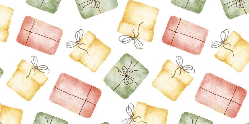 Seamless surface pattern design of colorful gift boxes. Hand drawn watercolor print. Background for birthday party design, Christmas, holidays, anniversary congratulation, celebration, wrapping paper